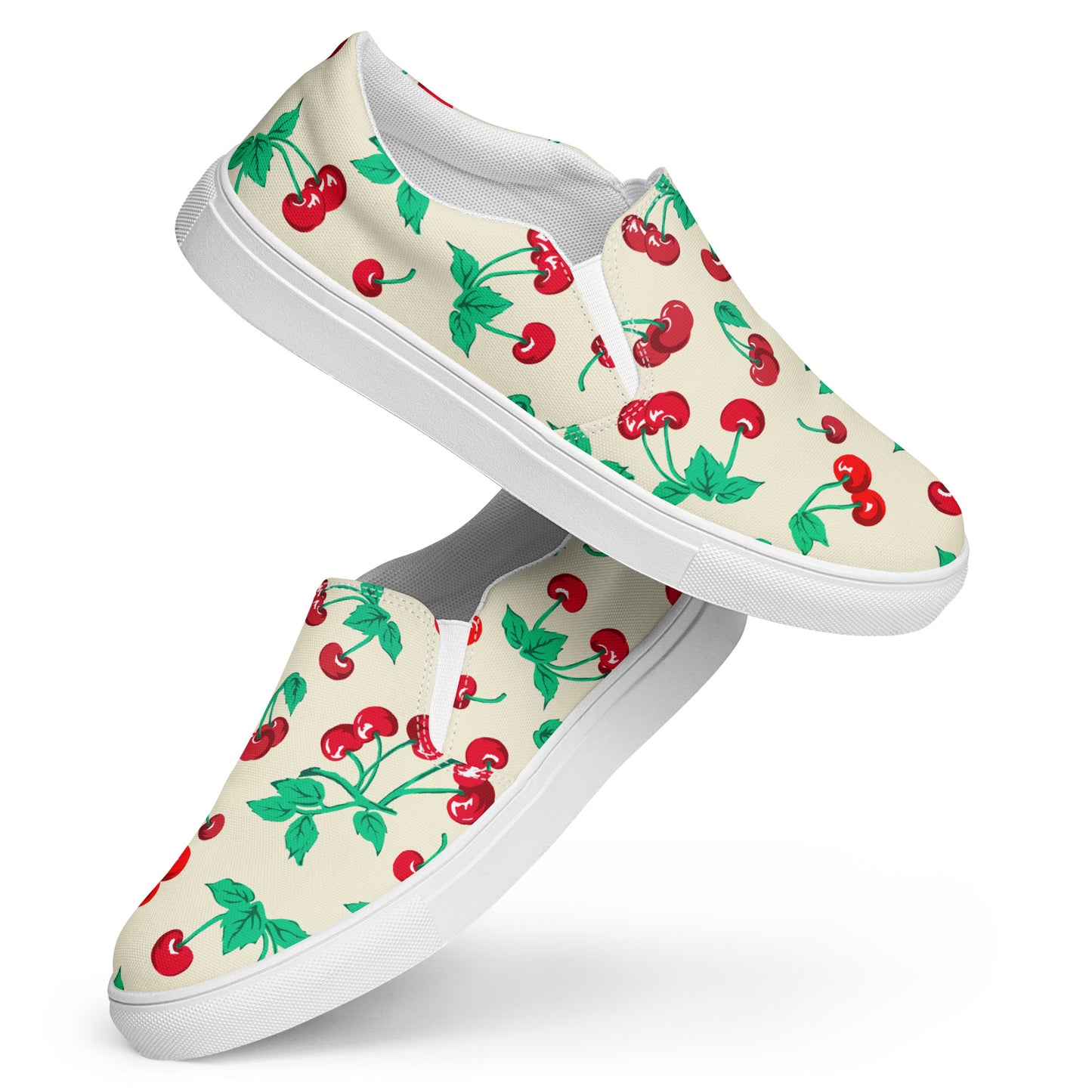 Antique Ivory Cherry Girl Women's Canvas Slip-On Flat Deck Shoes | Pinup Couture Relaxed