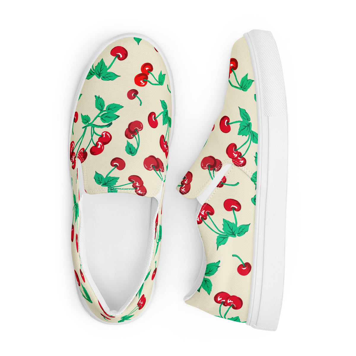 Antique Ivory Cherry Girl Women's Canvas Slip-On Flat Deck Shoes