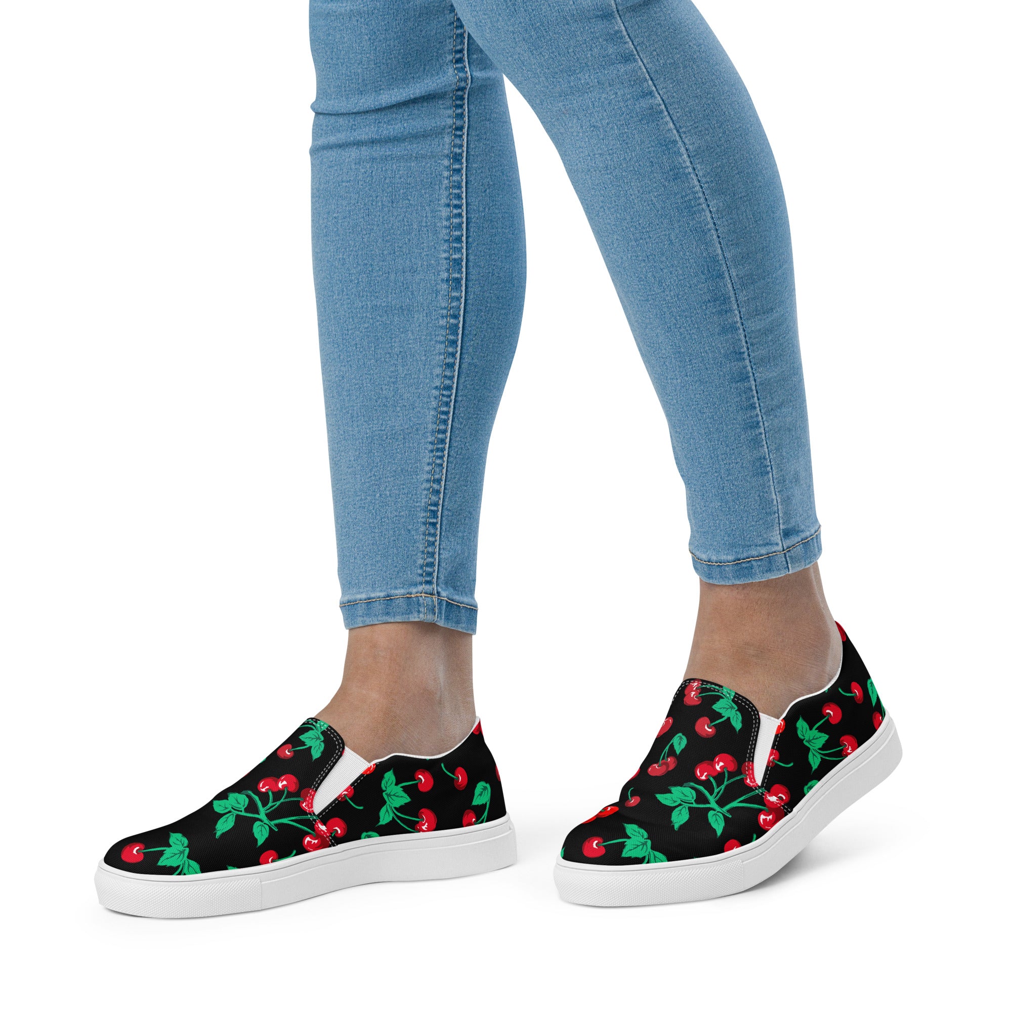Black Coffee Cherry Girl Print Women’s Canvas Slip-On Deck Shoes