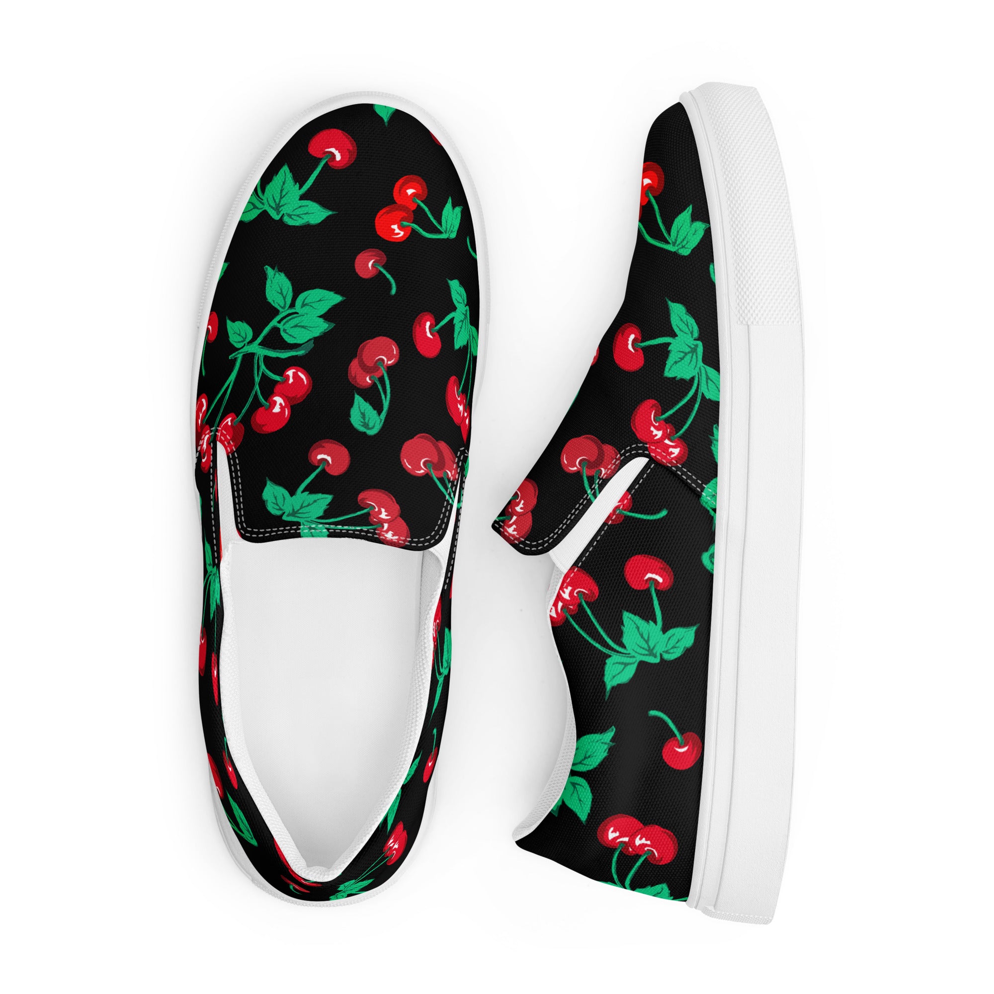 Black Coffee Cherry Girl Print Women’s Canvas Slip-On Deck Shoes