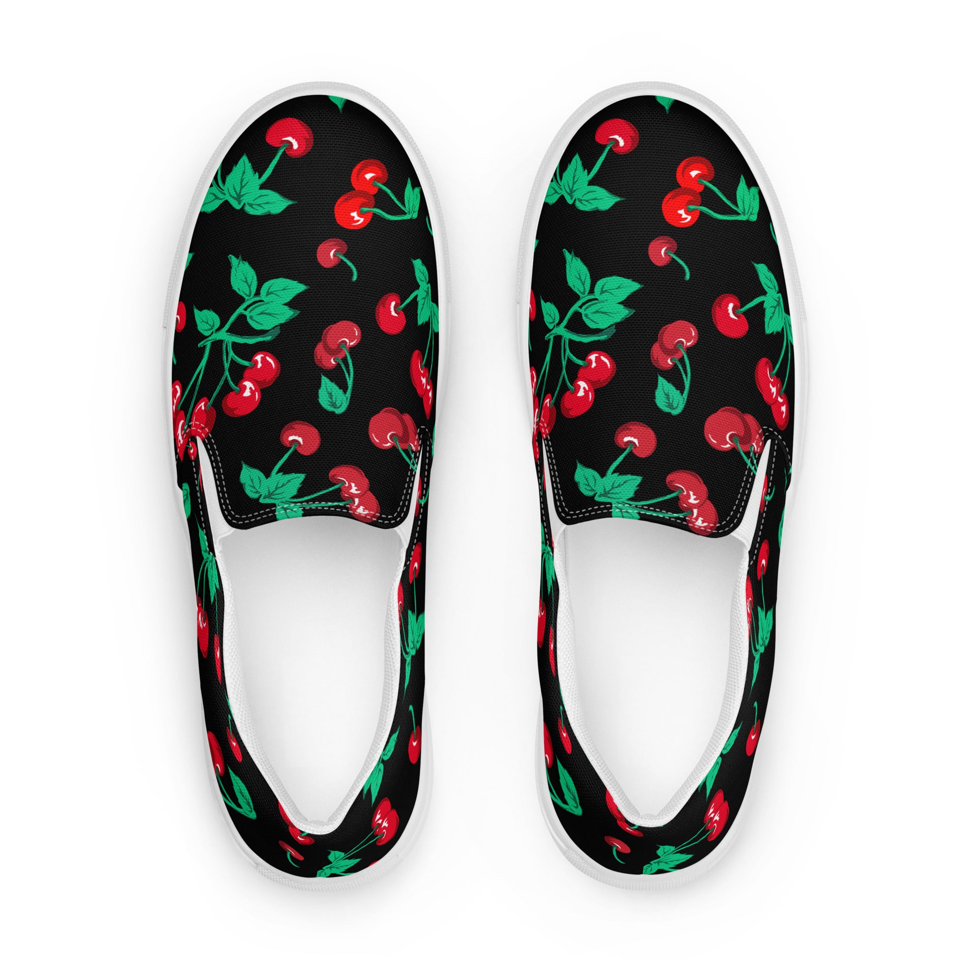 Black Coffee Cherry Girl Print Women’s Canvas Slip-On Deck Shoes