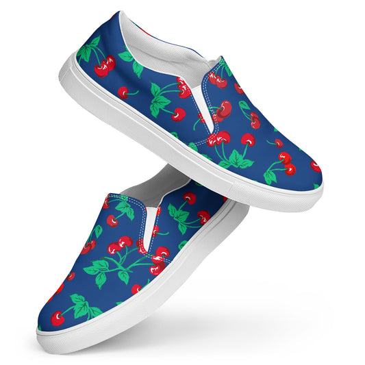 Dark Blue Cherry Girl Cherry Print Women’s Canvas Slip-On Deck Shoes | Pinup Couture Relaxed