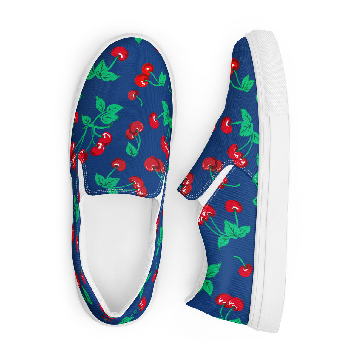 Dark Blue Cherry Girl Cherry Print Women’s Canvas Slip-On Deck Shoes