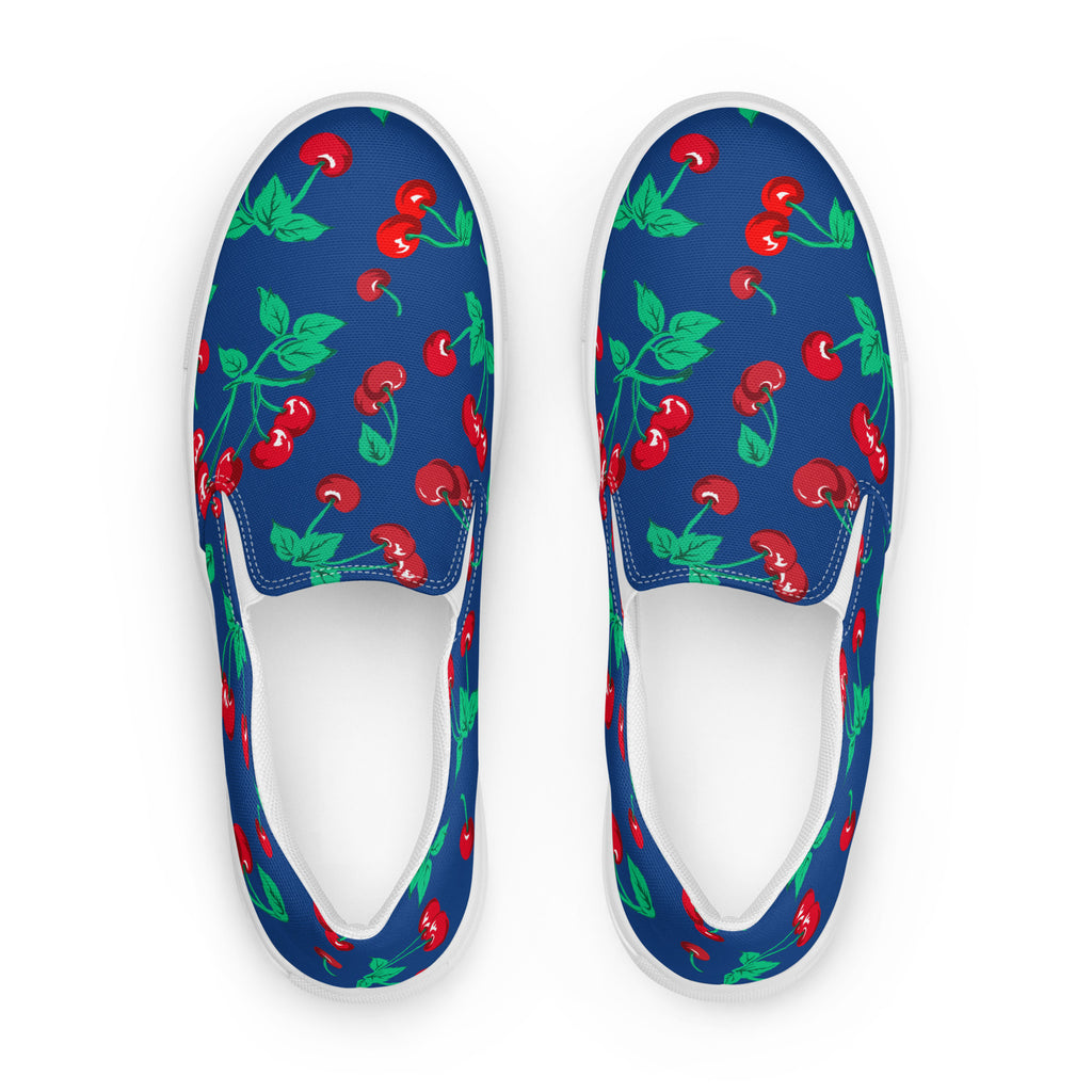 Dark Blue Cherry Girl Cherry Print Women’s Canvas Slip-On Deck Shoes