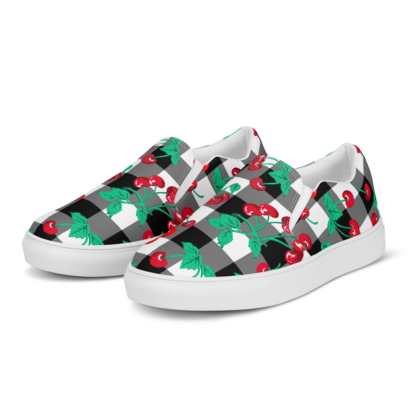 Black Gingham Cherry Girl Women’s Canvas Slip-On Deck Shoes | Pinup Couture Relaxed