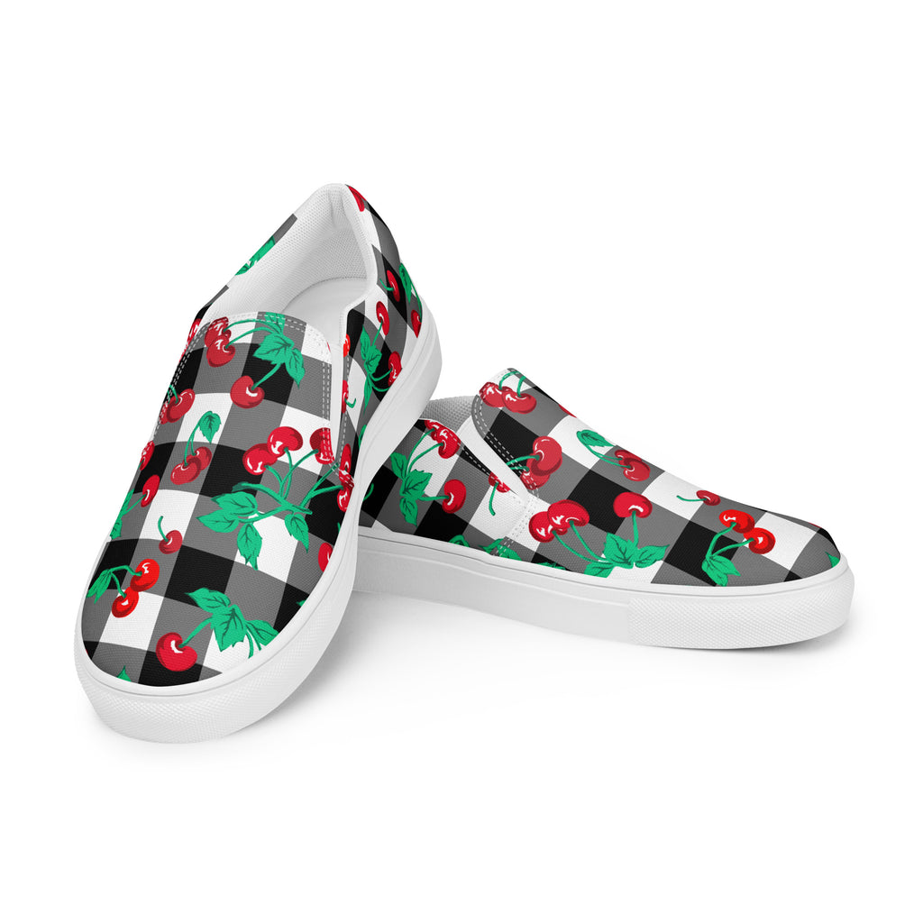 Black Gingham Cherry Girl Women’s Canvas Slip-On Deck Shoes