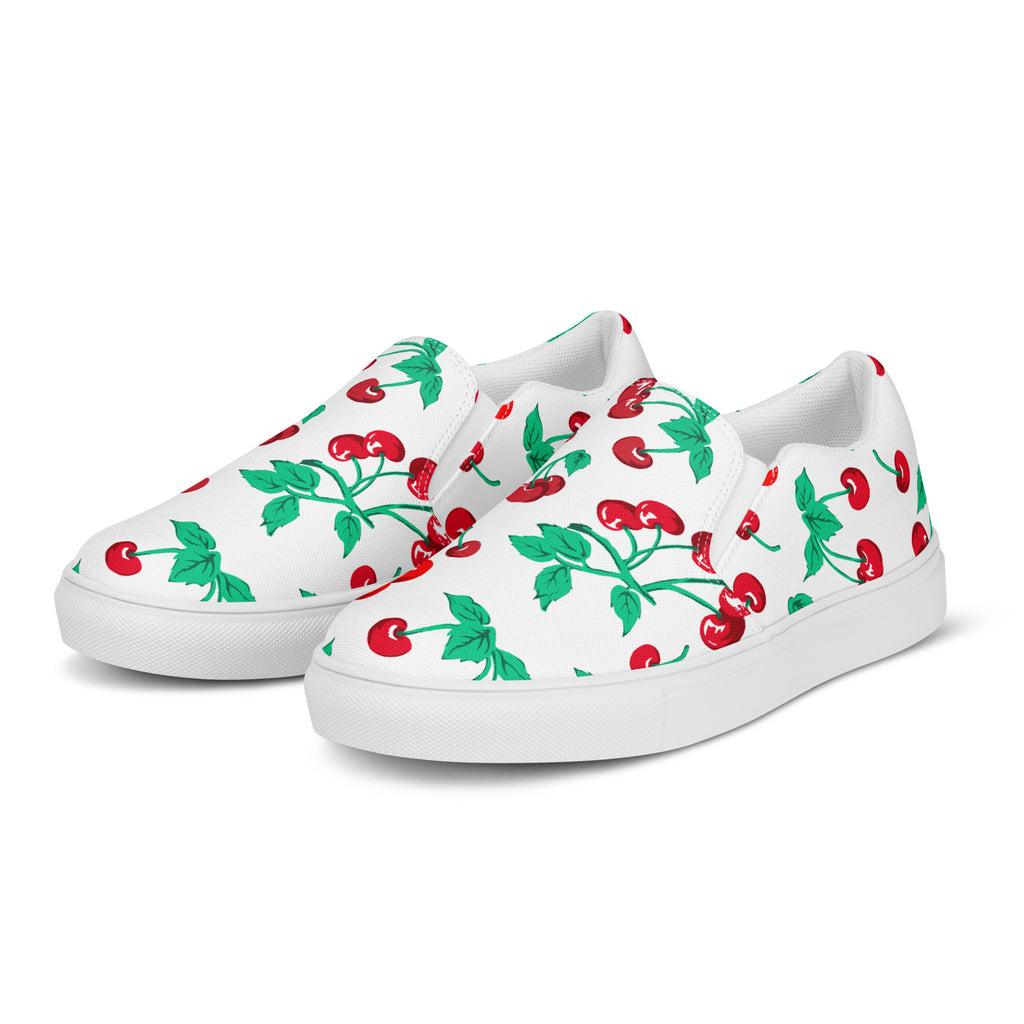 White Chocolate Cherry Print Women’s Canvas Slip-On Deck Shoes
