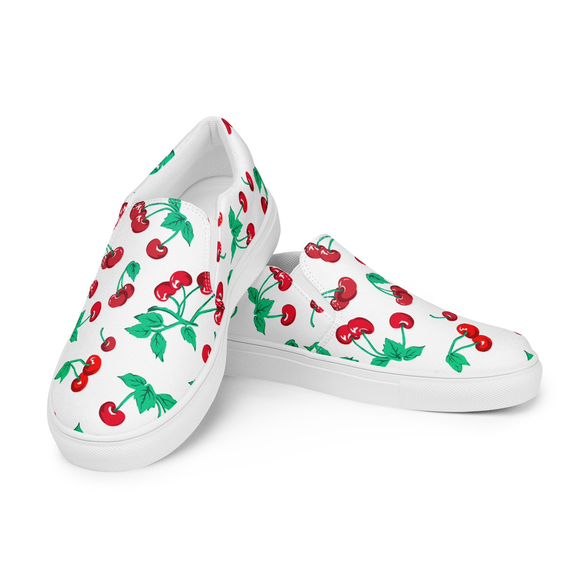 White Chocolate Cherry Print Women’s Canvas Slip-On Deck Shoes