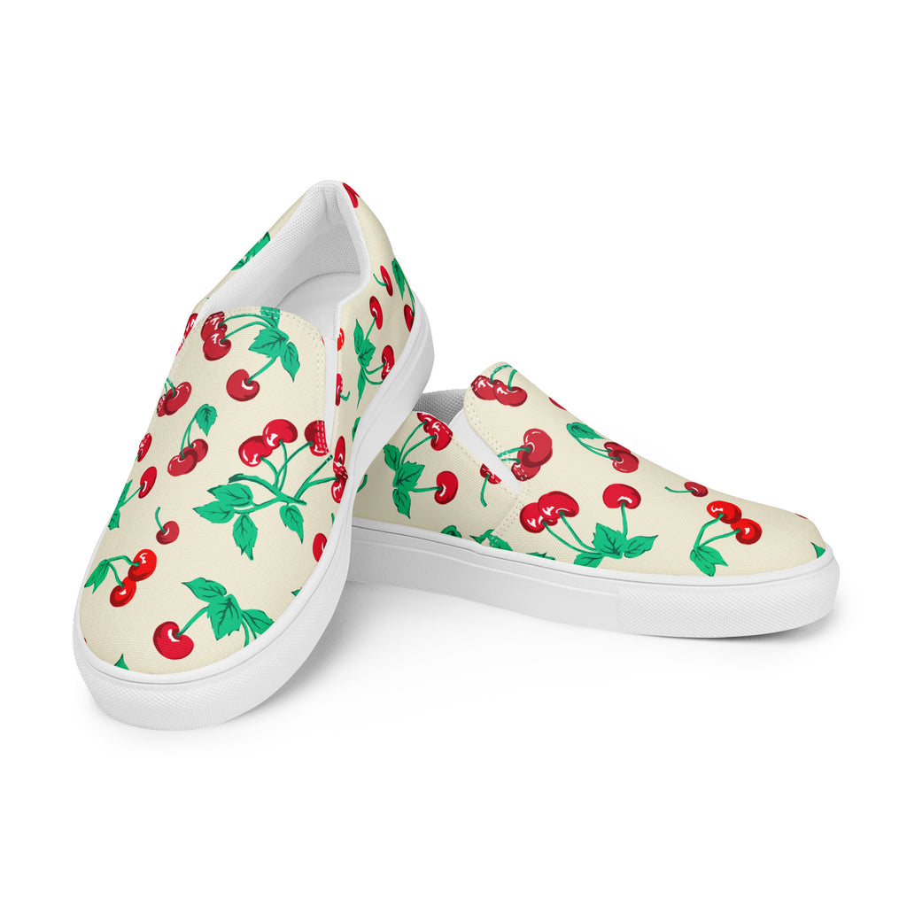 Antique Ivory Cherry Girl Women's Canvas Slip-On Flat Deck Shoes