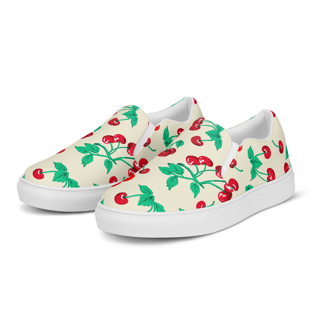 Antique Ivory Cherry Girl Women's Canvas Slip-On Flat Deck Shoes