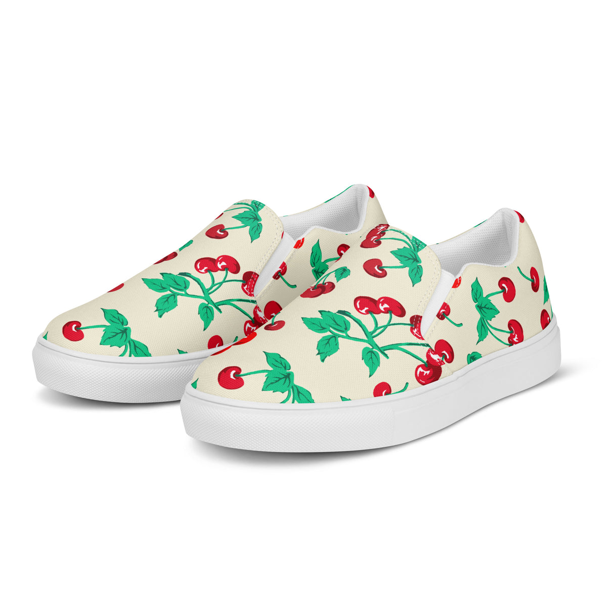 Antique Ivory Cherry Girl Women's Canvas Slip-On Flat Deck Shoes