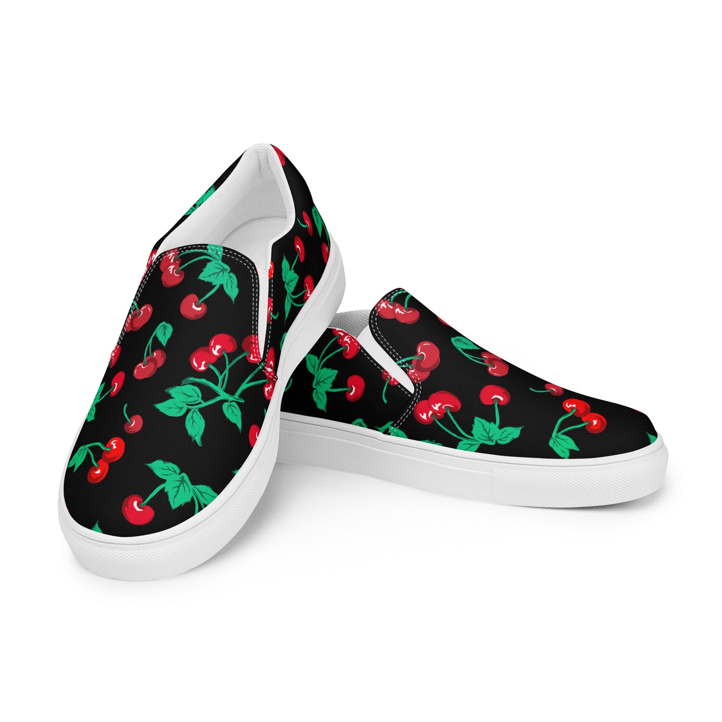 Black Coffee Cherry Girl Print Women’s Canvas Slip-On Deck Shoes | Pinup Couture Relaxed