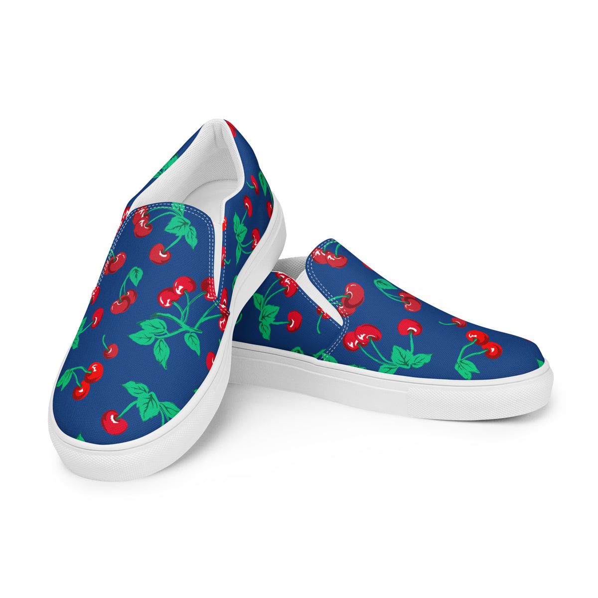 Dark Blue Cherry Girl Cherry Print Women’s Canvas Slip-On Deck Shoes
