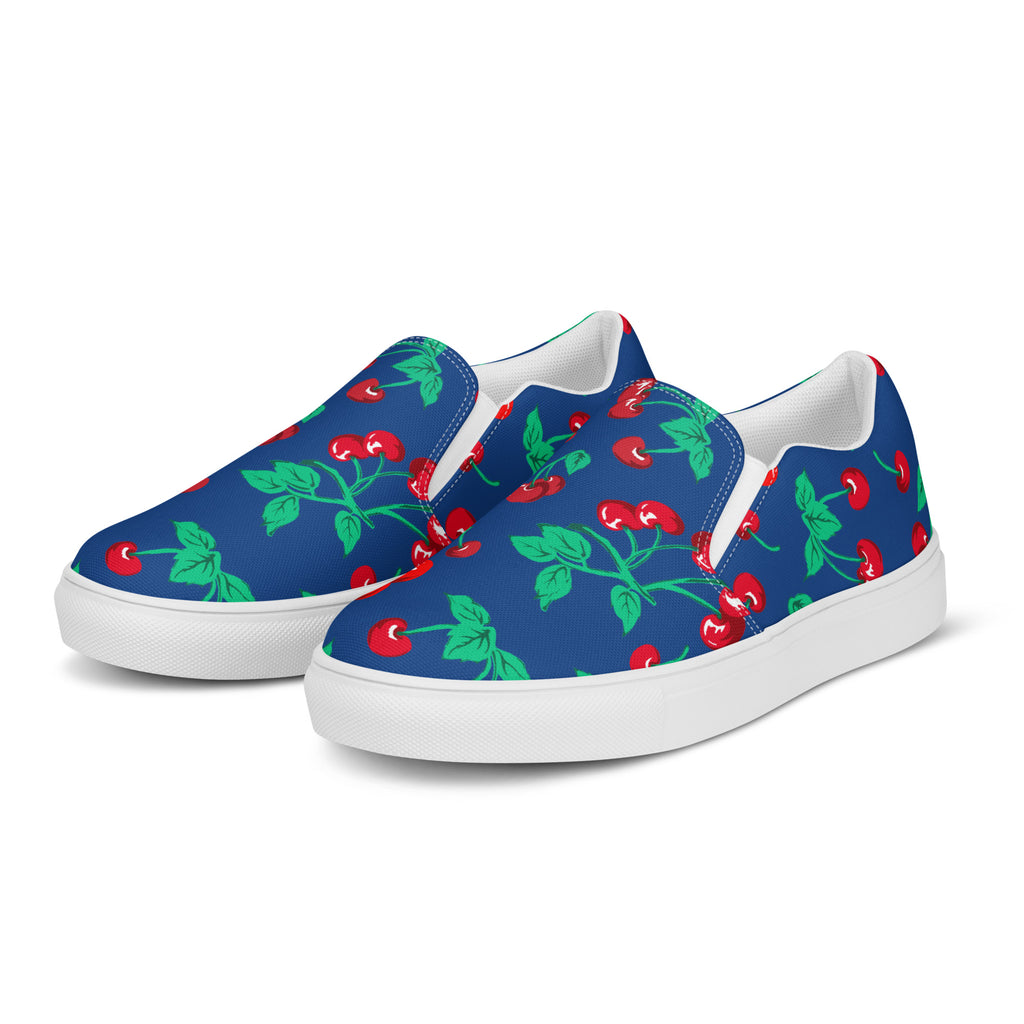 Dark Blue Cherry Girl Cherry Print Women’s Canvas Slip-On Deck Shoes