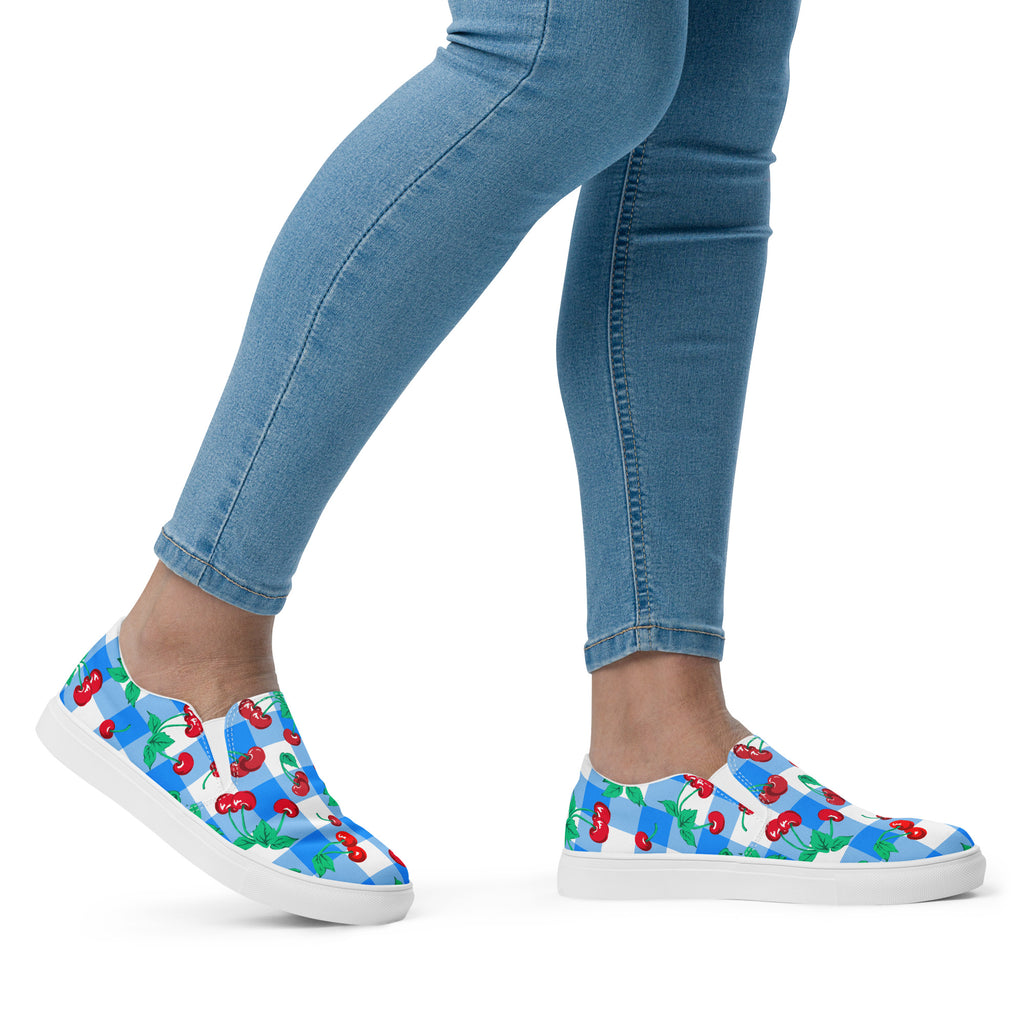 Blue Gingham Cherry Girl Women’s Canvas Slip-On Deck Shoes