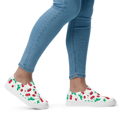 White Chocolate Cherry Print Women’s Canvas Slip-On Deck Shoes | Pinup Couture Relaxed