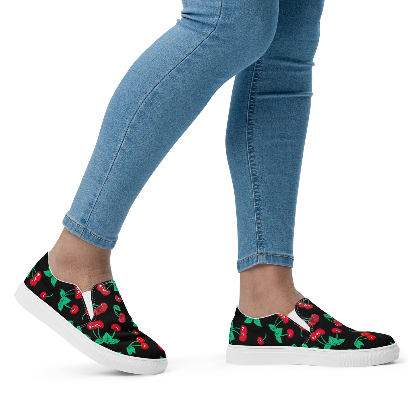 Black Coffee Cherry Girl Print Women’s Canvas Slip-On Deck Shoes | Pinup Couture Relaxed