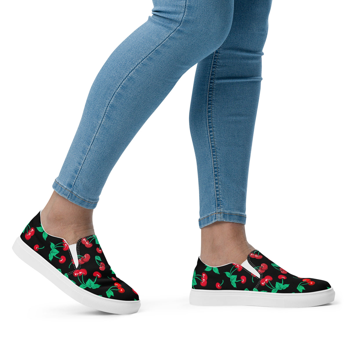Black Coffee Cherry Girl Print Women’s Canvas Slip-On Deck Shoes