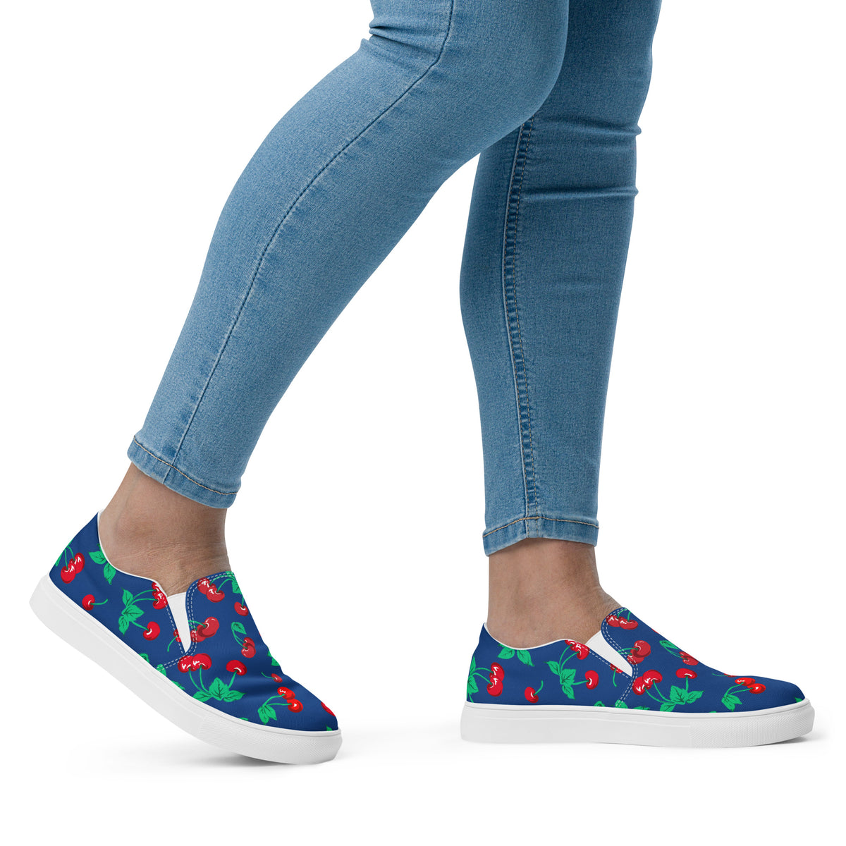 Dark Blue Cherry Girl Cherry Print Women’s Canvas Slip-On Deck Shoes
