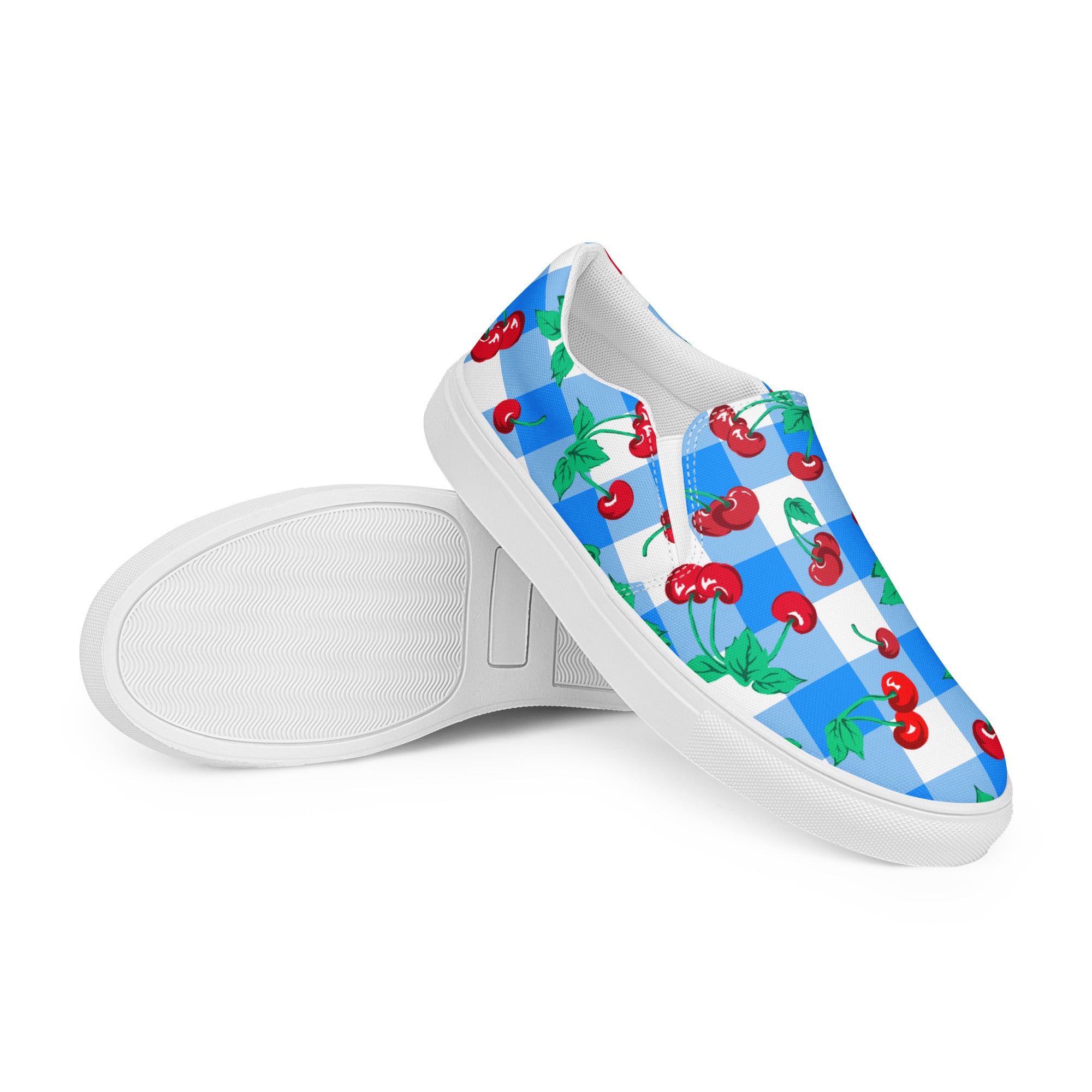 Blue Gingham Cherry Girl Women’s Canvas Slip-On Deck Shoes