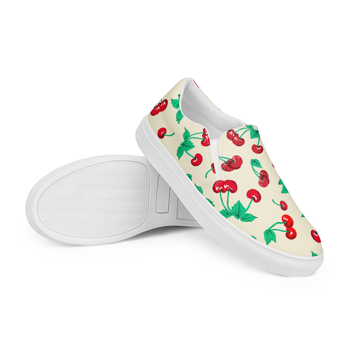 Antique Ivory Cherry Girl Women's Canvas Slip-On Flat Deck Shoes