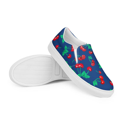 Dark Blue Cherry Girl Cherry Print Women’s Canvas Slip-On Deck Shoes | Pinup Couture Relaxed